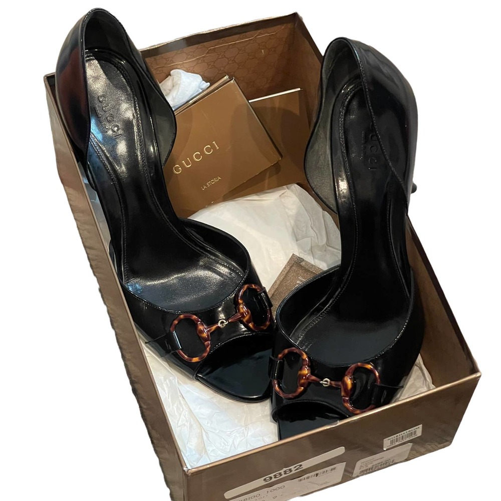 Vintage Gucci Vitello Vernice Soft Nero Black Open Toe Heels Women's Size 9.5 B - Picture 5 of 12